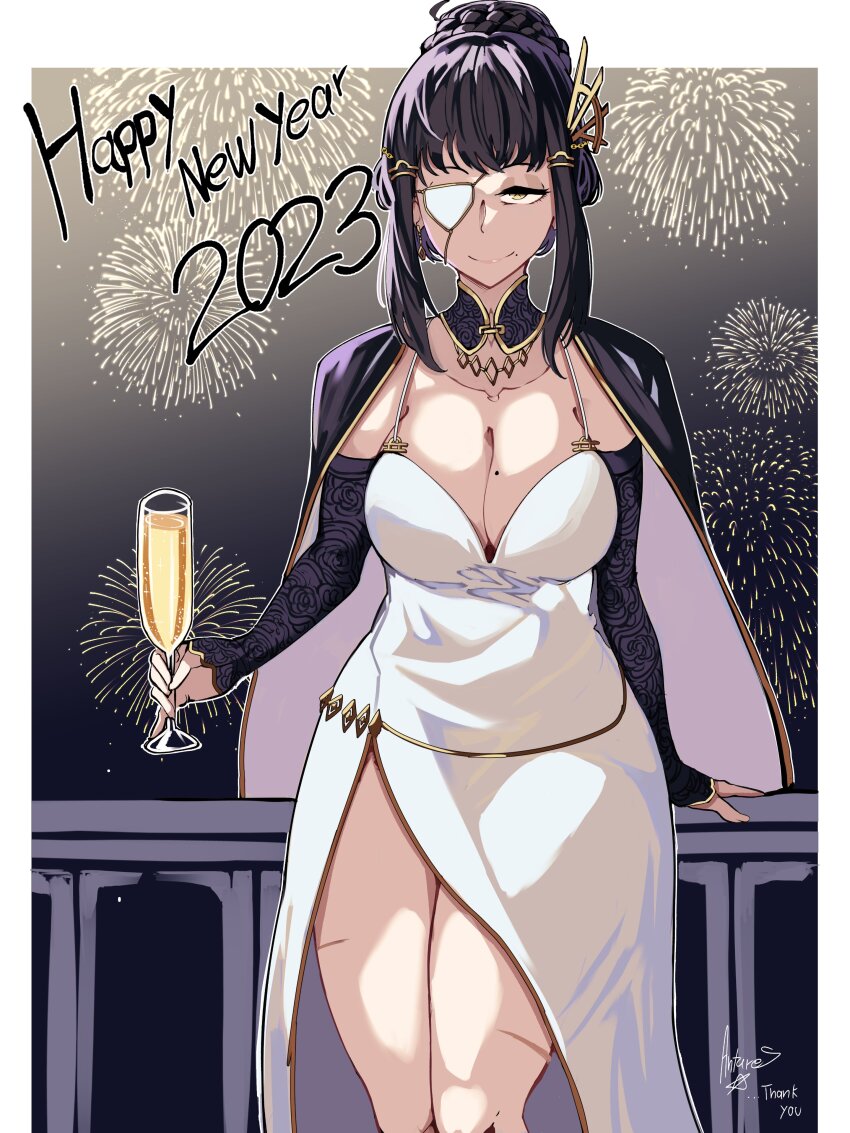 1girl, 2024, absurdres, antares_topaz, arm_support, balcony, black_cape, black_hair