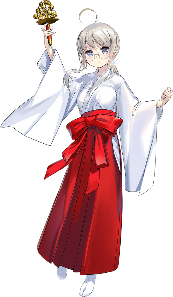 1girl, ahoge, bell, blue_eyes, breasts, full_body, glasses, grey_hair