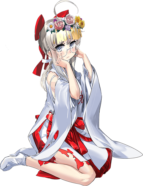 1girl, ahoge, bell, blue_eyes, breasts, chihaya_(clothing), flower, full_body