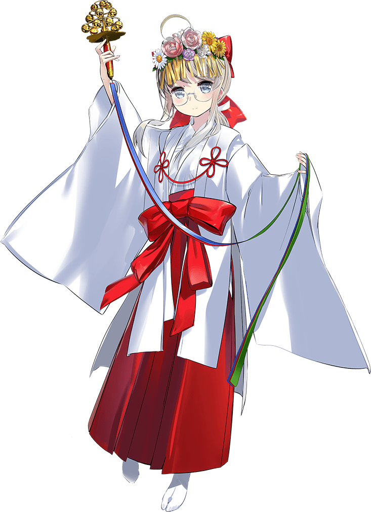 1girl, ahoge, bell, blue_eyes, breasts, chihaya_(clothing), flower, full_body