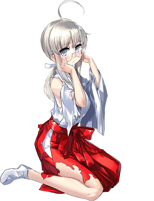 1girl, ahoge, bell, blue_eyes, breasts, full_body, glasses, grey_hair