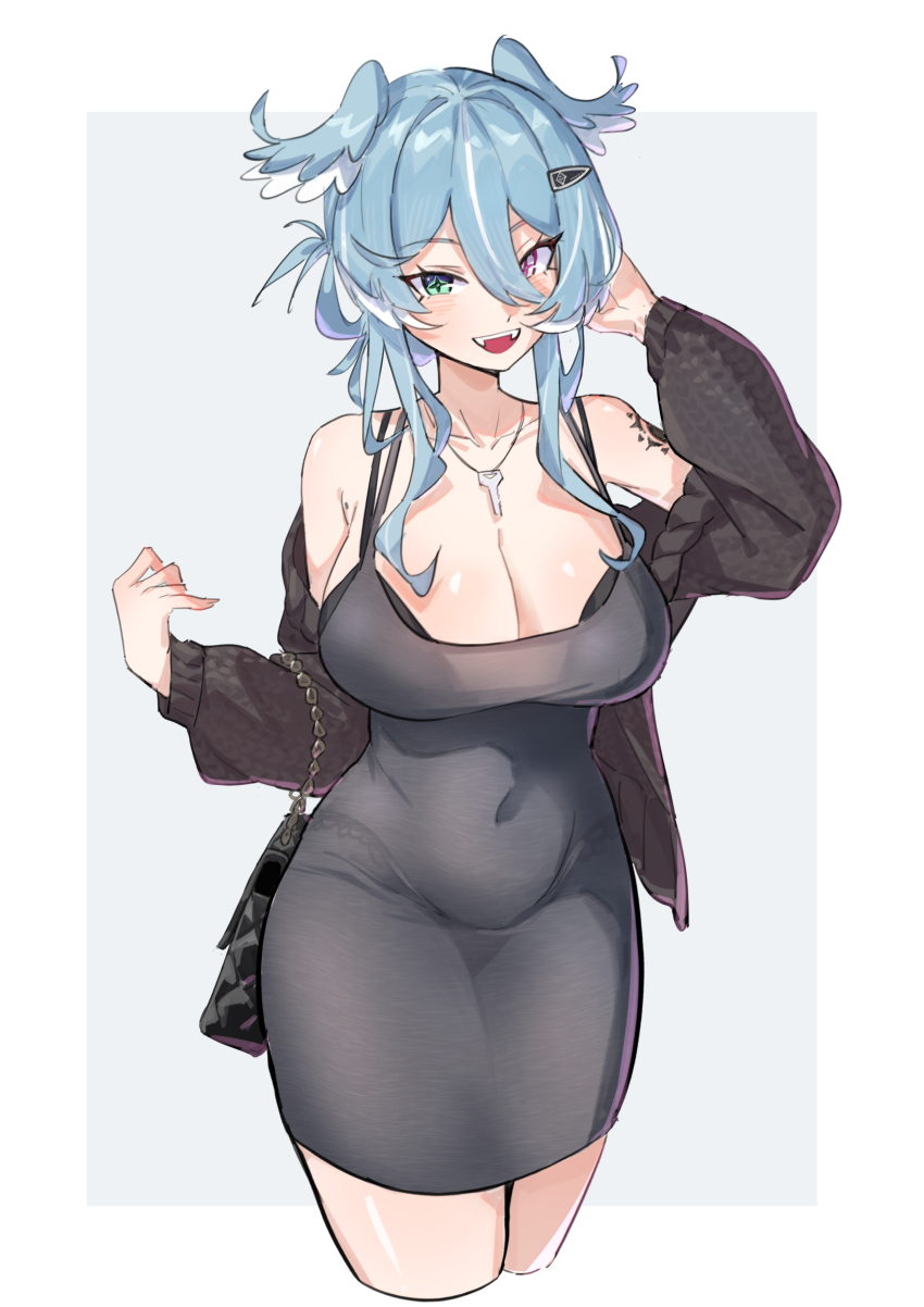1girl, :d, absurdres, aqua_eyes, bag, bare_shoulders, black_bra, blue_hair