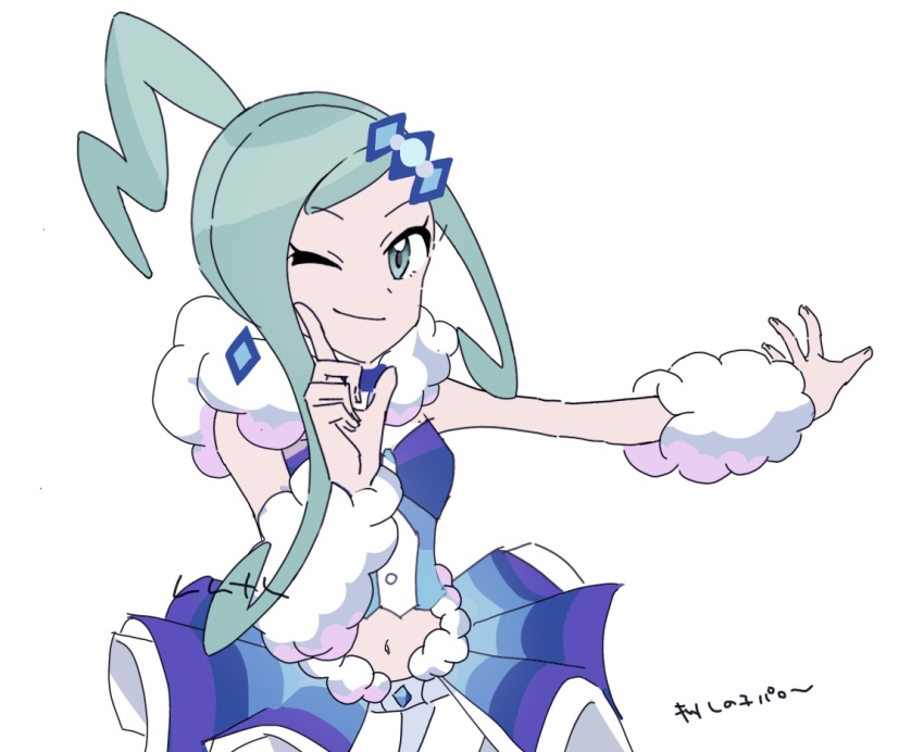 1girl, 6l226, ;), arm_warmers, asymmetrical_sidelocks, blue_skirt, blue_vest, closed_mouth