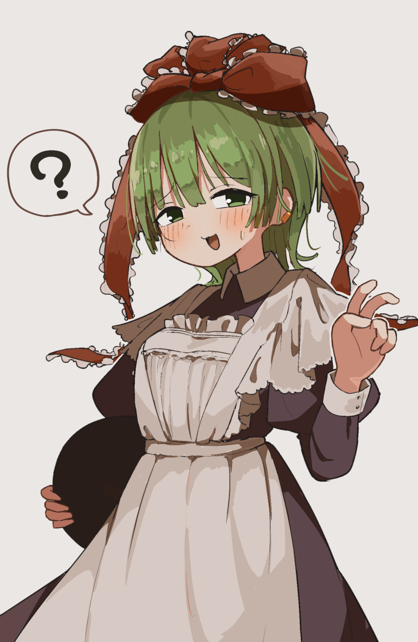 1girl, ?, apron, commentary_request, green_eyes, green_hair, grey_background, hair_ribbon