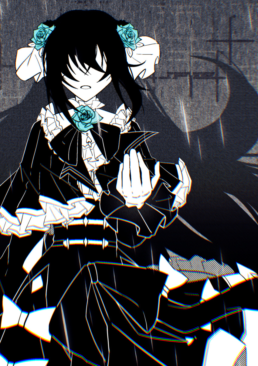 1girl, aqua_flower, aqua_rose, arcaea, dress, dress_flower, eternalcompass, flower