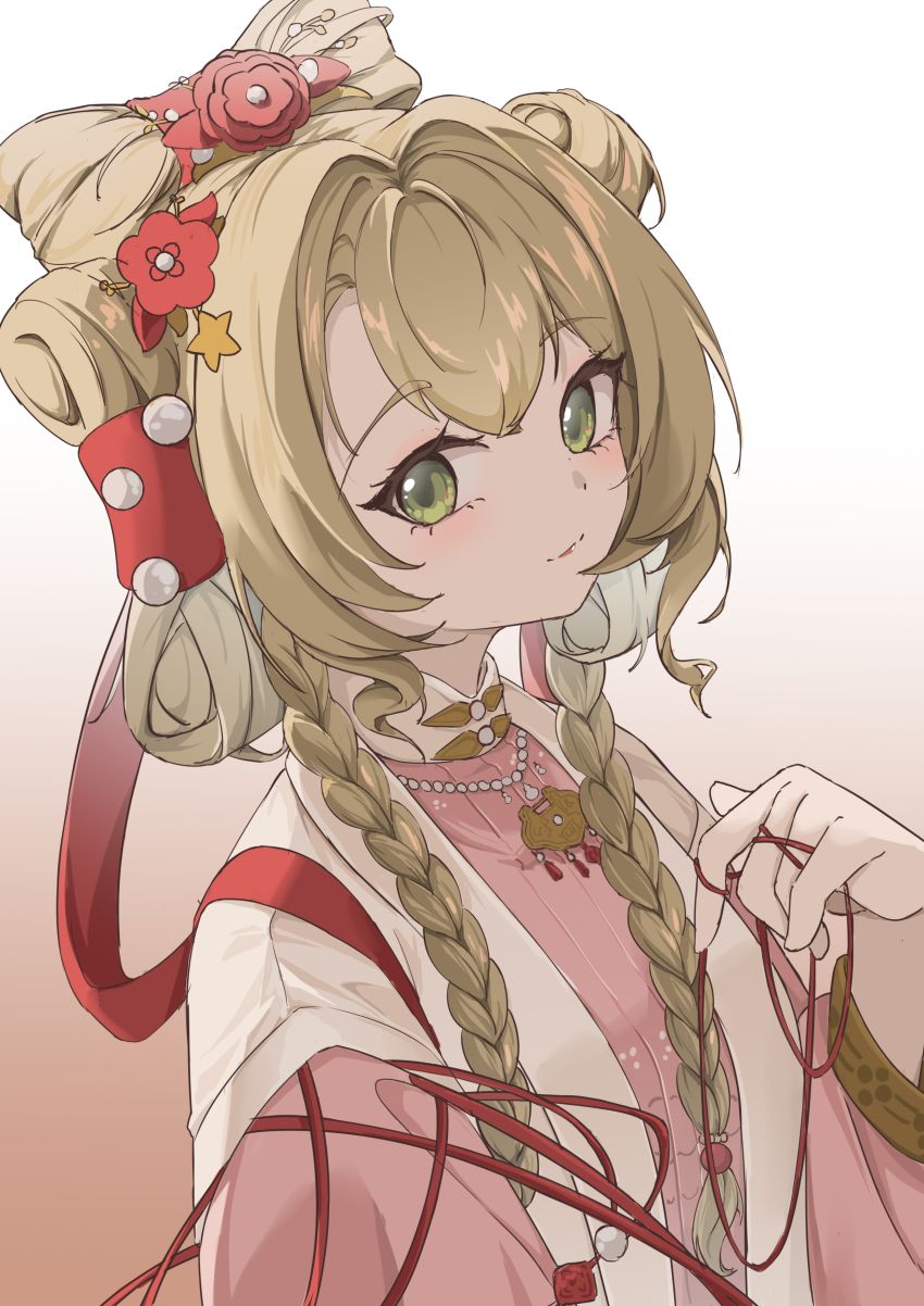 1girl, absurdres, blonde_hair, braid, chi_jiecao_de_tianshi, chinese_clothes, flower, from_side