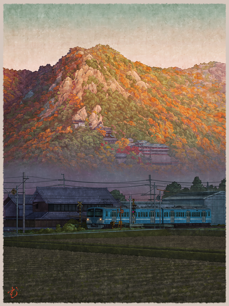 autumn, building, day, field, forest, highres, house, landscape