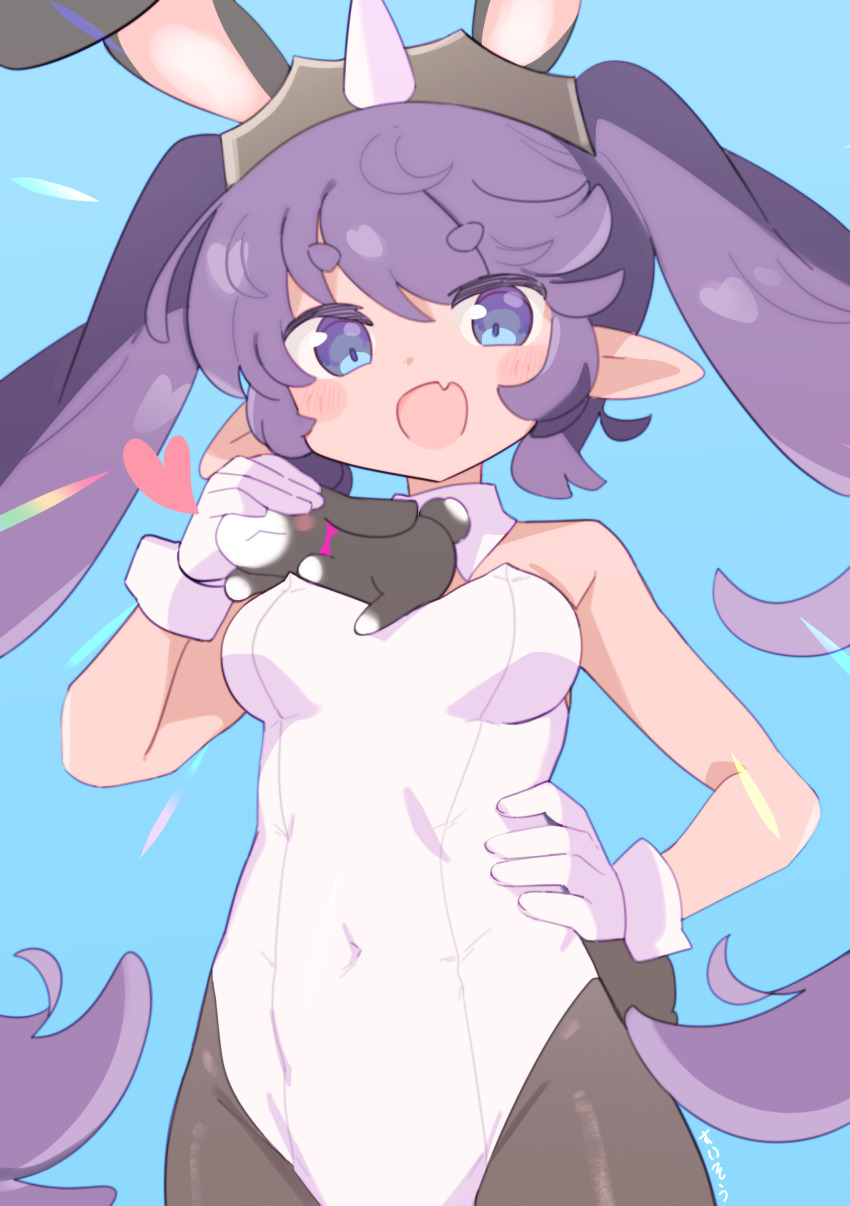1girl, absurdres, animal, animal_ears, bemani, blue_background, blue_eyes, commentary_request, covered_navel, detached_collar, deux_saint-co_pilica, fake_animal_ears, fang, gloves, hand_on_own_hip, heart, highres, holding, holding_animal, horns, leotard, long_hair, looking_at_viewer, open_mouth, pantyhose, playboy_bunny, pointy_ears, purple_hair, rabbit, rabbit_ears, single_horn, skin_fang, smile, solo, sound_voltex, strapless, strapless_leotard, suisou0801, tiara, twintails, very_long_hair, wrist_cuffs