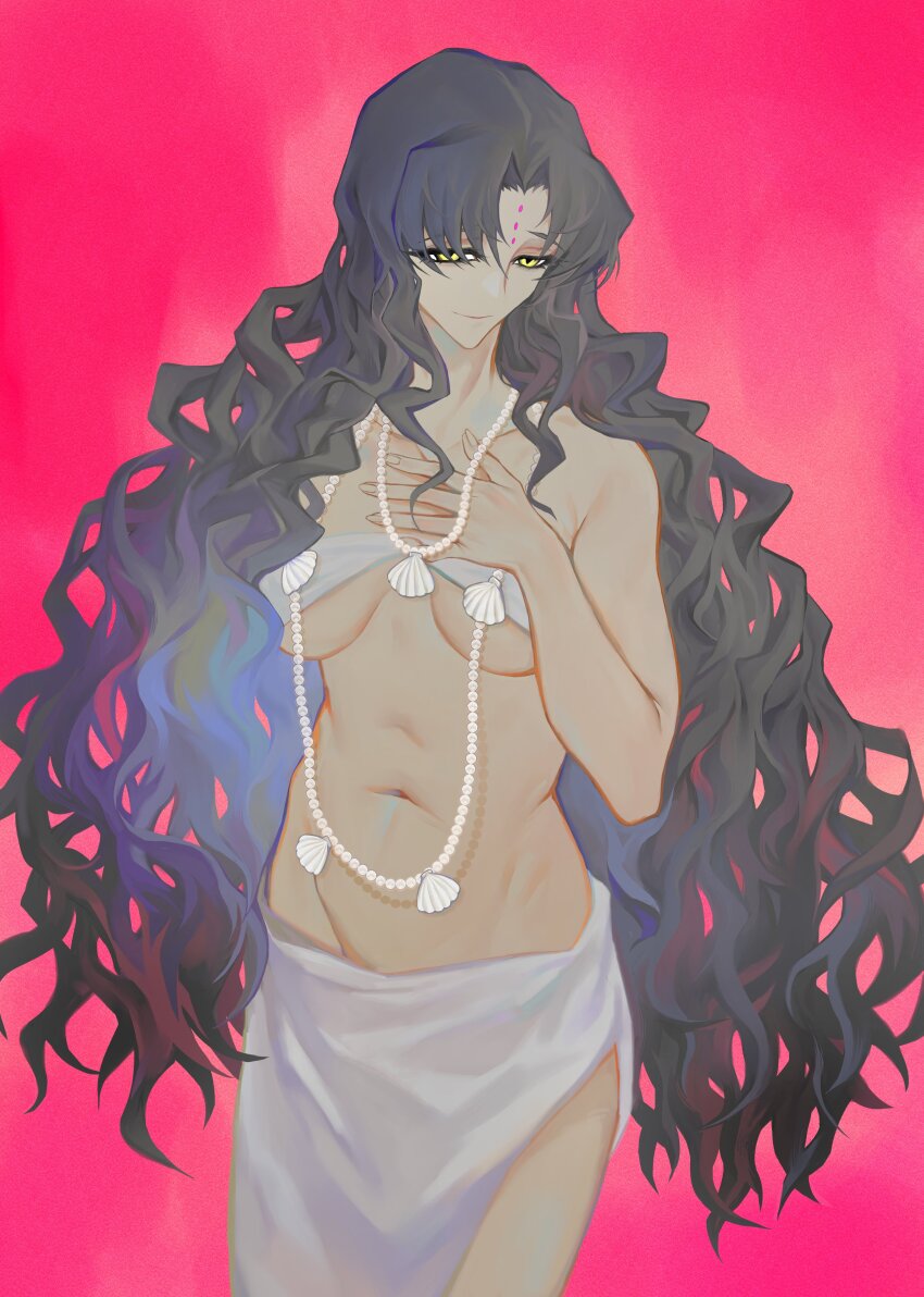 1girl, absurdres, banban, bead_necklace, beads, black_hair, breasts, chinese_commentary, commentary_request, cowboy_shot, curly_hair, dress, facial_mark, fate/grand_order, fate_(series), forehead_mark, groin, highres, jewelry, large_breasts, long_hair, lowleg, lowleg_skirt, navel, necklace, pink_hair, sessyoin_kiara, sessyoin_kiara_(swimsuit_mooncancer)_(first_ascension), shell, shell_necklace, skirt, solo, strapless, strapless_dress, very_long_hair, yellow_eyes