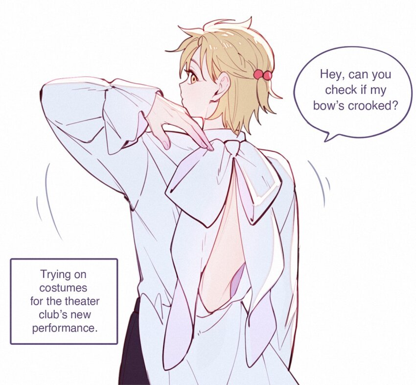 1boy, alien_stage, back_bow, back_cutout, baek_eunyung, black_pants, blonde_hair, bow