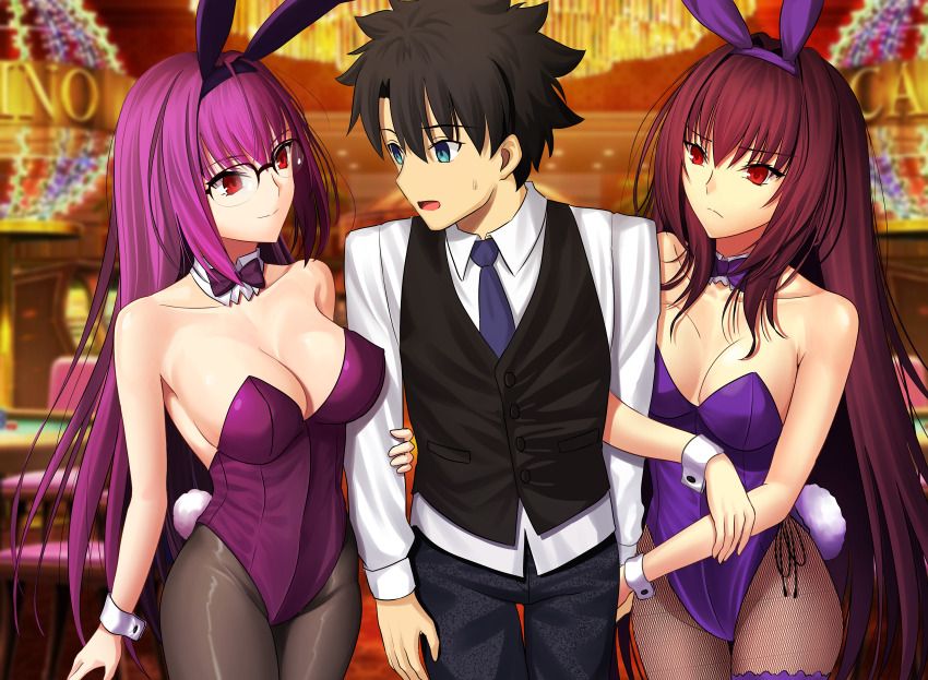 1boy, 2girls, absurdres, alternate_costume, animal_ears, bare_shoulders, black_hair, black_pants