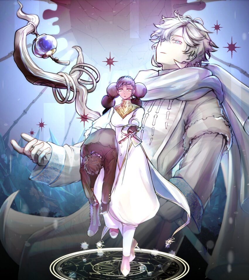 1boy, 1girl, 1other, black_hair, blue_eyes, dark-skinned_female, dark_skin, desscaras, double_bun, earrings, gloves, glowing, hair_bun, high_heels, highres, holding, holding_staff, holding_sword, holding_weapon, ichi_(madan_no_ichi), jewelry, long_hair, long_sleeves, looking_at_viewer, madan_no_ichi, mage_staff, magic_circle, onsen_hphp, scarf, shirt, short_hair, staff, sword, twintails, weapon, white_hair, witch, world-hater_majik, yellow_eyes