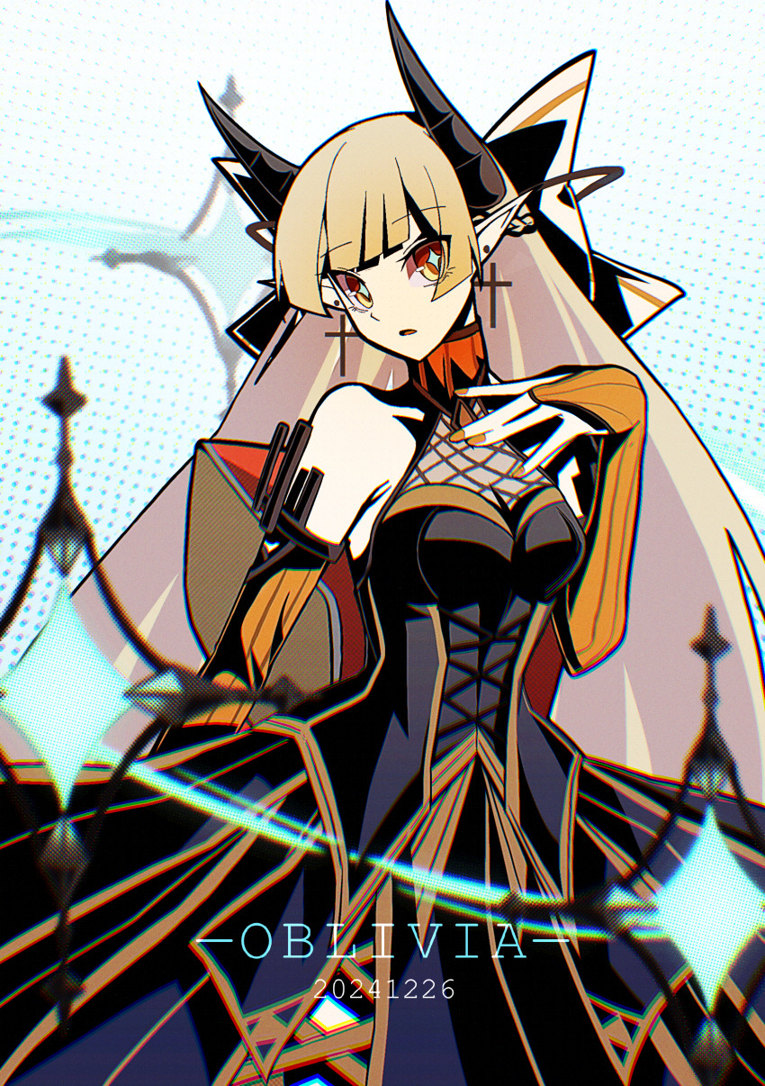 1girl, 2024, absurdres, arcaea, black_dress, blonde_hair, blue_background, cross