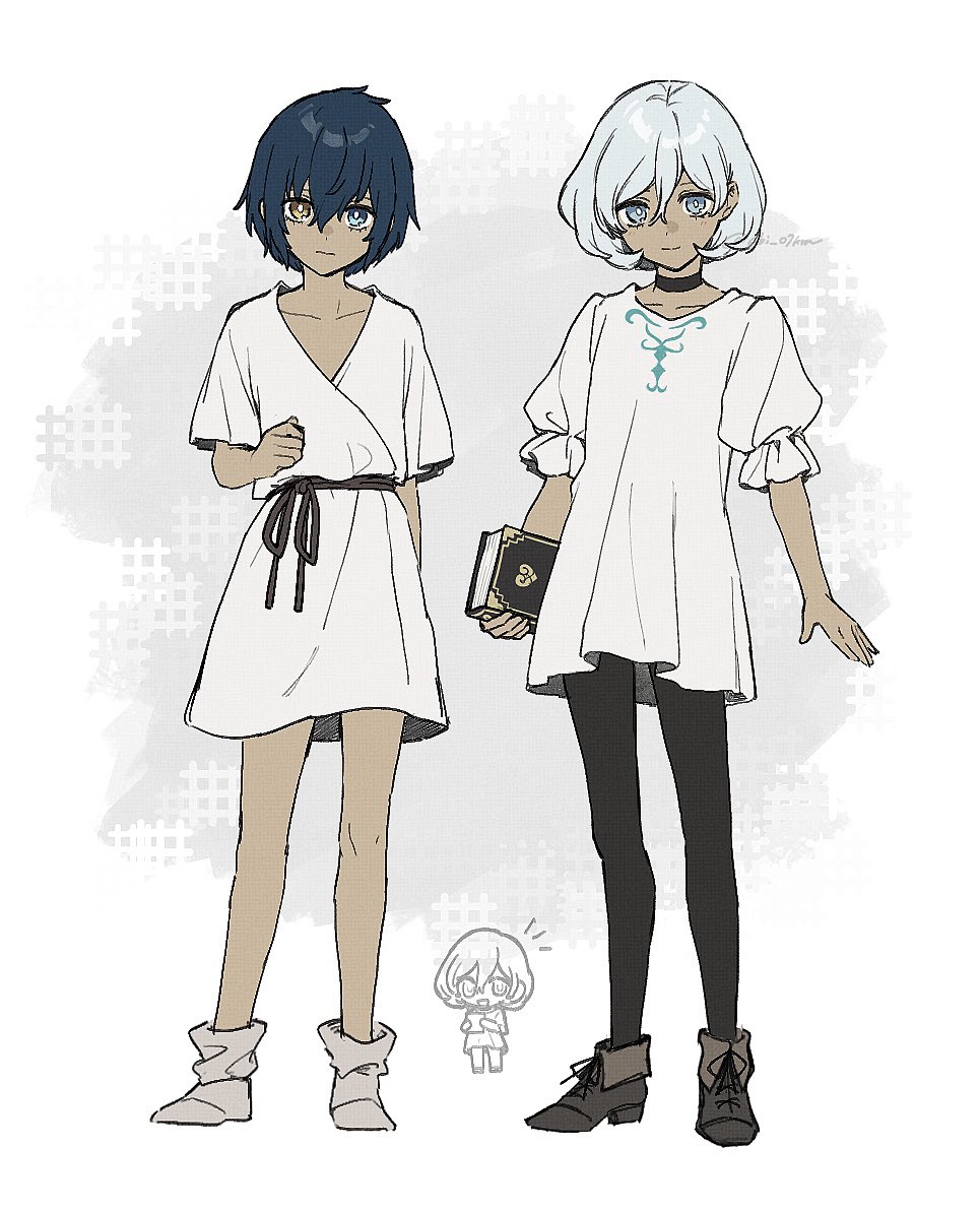 2boys, abi_07km, black_choker, black_pantyhose, blue_eyes, blue_hair, book, chibi