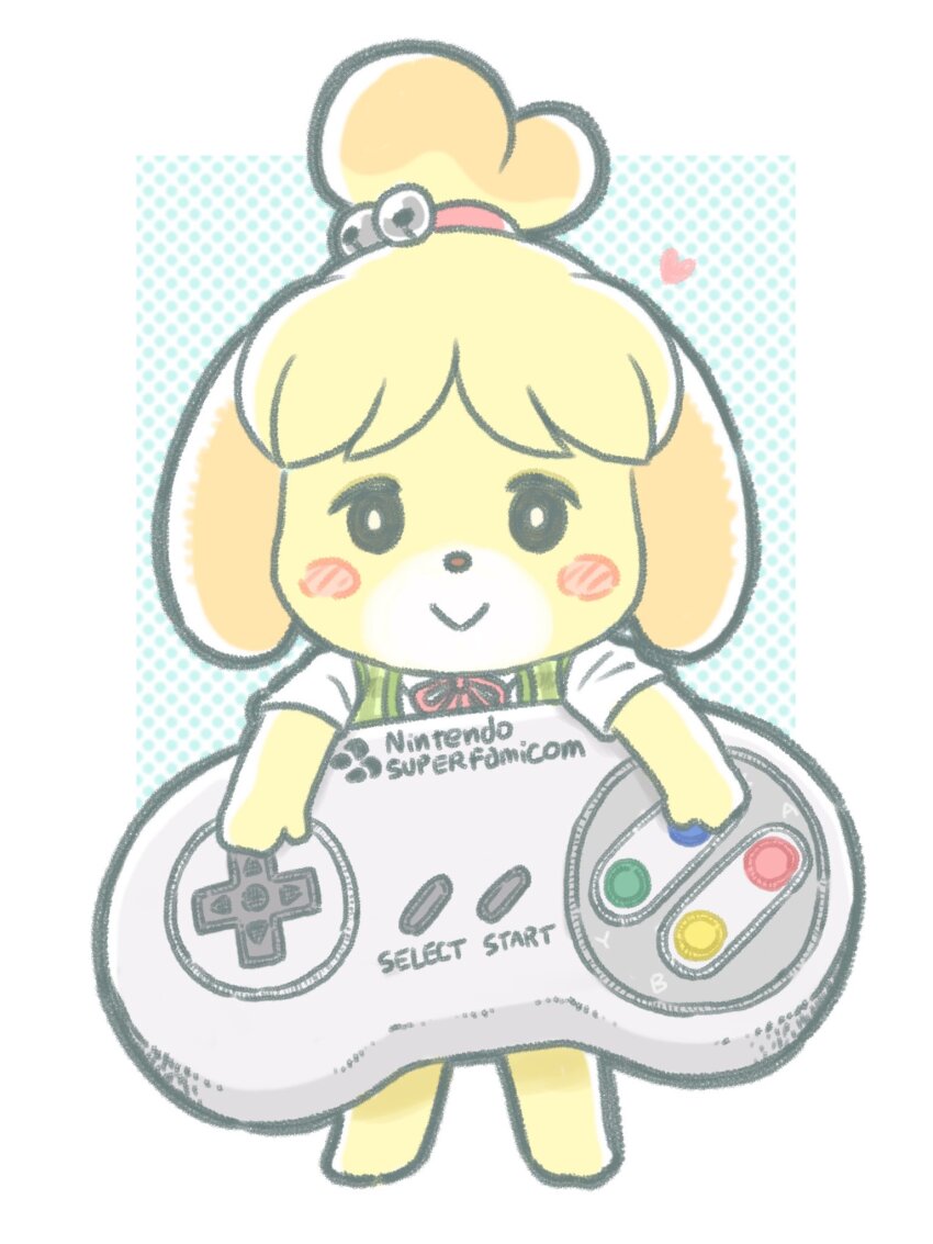 1girl, :>, animal_crossing, animal_ears, bell, blonde_hair, blush, controller