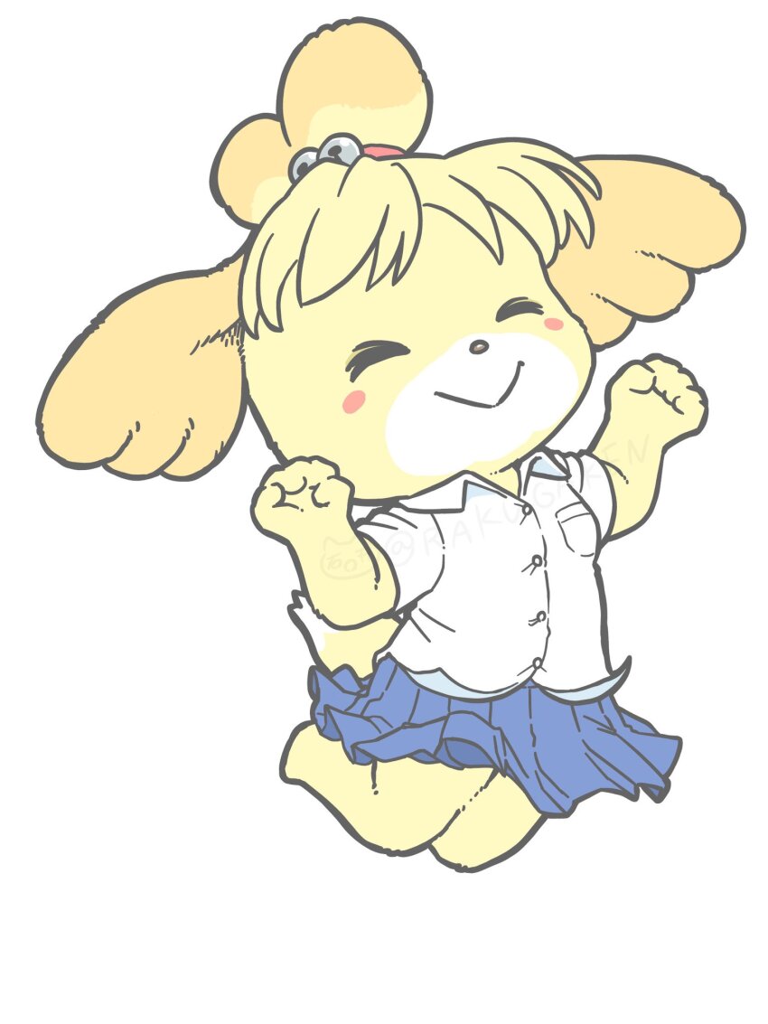 1girl, alternate_costume, animal_crossing, animal_ears, bell, blonde_hair, blue_skirt, blush