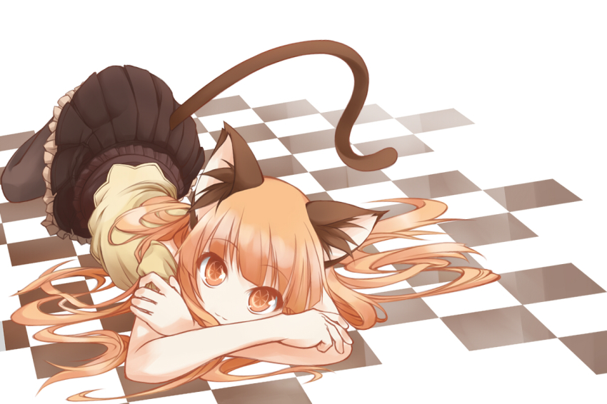 1girl, animal_ears, beigu, brown_eyes, brown_hair, cat_ears, cat_tail, checkered_floor