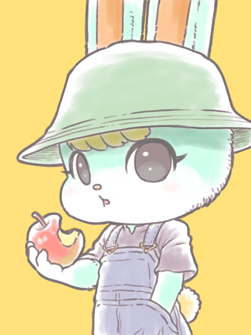 1boy, animal_crossing, animal_crossing:_new_horizons, animal_ears, apple, black_eyes, black_shirt, blonde_hair