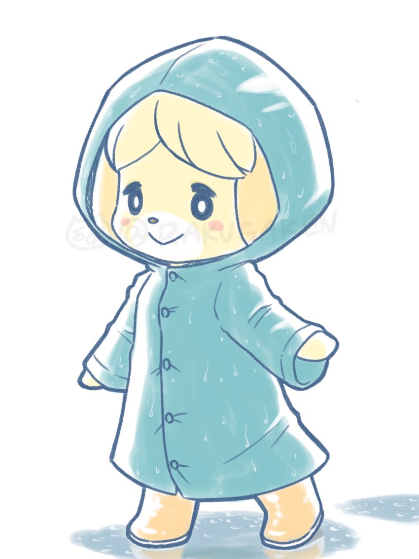 1girl, :>, alternate_costume, animal_crossing, blue_coat, blue_raincoat, blush, boots