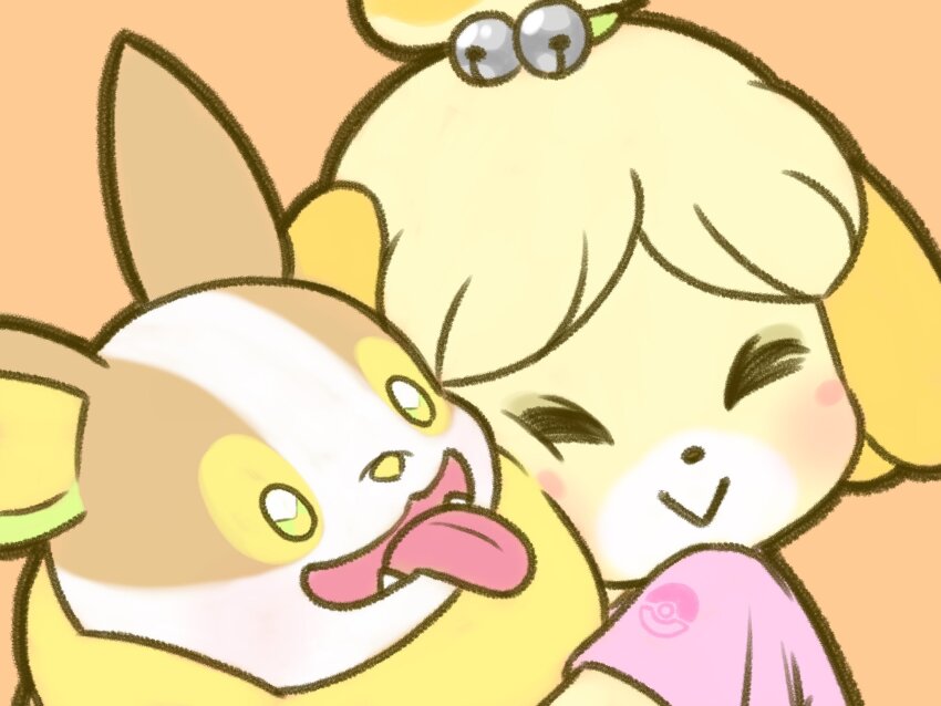 1girl, :>, animal_crossing, bell, blush, closed_eyes, commentary_request, crossover