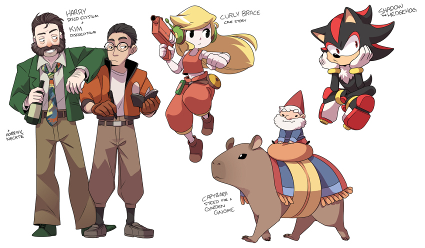 1girl, 4boys, :t, arm_on_another's_shoulder, bag, baggy_pants, bags_under_eyes, bare_arms, bare_shoulders, beard_stubble, belt, belt_bag, belt_buckle, black-framed_eyewear, black_eyes, black_hair, black_socks, blanket, blazer, blonde_hair, blue_tunic, book, boots, bottle, bracelet, brown_belt, brown_footwear, brown_hair, brown_pants, buckle, capybara, character_name, clenched_hand, closed_mouth, collared_jacket, collared_shirt, commentary, copyright_name, crossed_ankles, curly_brace, disco_elysium, doukutsu_monogatari, dungeons_&amp;_dragons, energy_gun, english_commentary, expressionless, facial_hair, fighting_stance, floating_hair, forehead, fringe_trim, full_body, furry, furry_male, glasses, gloves, gnome, gold_bracelet, green_bag, green_footwear, green_jacket, grin, gun, hand_hair, hands_on_own_cheeks, hands_on_own_face, harry_du_bois, hat, headphones, hedgehog_boy, high_collar, holding, holding_bottle, holding_gun, holding_notebook, holding_pen, holding_weapon, horrific_necktie, jacket, jewelry, kim_kitsuragi, lapels, layered_sleeves, light_frown, loafers, long_hair, long_sleeves, looking_at_another, looking_at_object, looking_at_viewer, mary_cagle, midriff, multicolored_necktie, multiple_boys, mustache, mutton_chops, navel, necktie, notched_lapels, notebook, open_book, open_clothes, open_jacket, orange_gloves, orange_jacket, orange_pants, orange_tank_top, paid_reward_available, pale_skin, pants, pen, pout, ray_gun, red_eyes, red_hat, red_pants, riding, riding_animal, round_eyewear, saddle, shadow_the_hedgehog, shirt, shoes, short_hair, simple_background, sitting, smile, socks, solid_oval_eyes, sonic_(series), standing, stubble, tank_top, thick_eyebrows, three-quarter_sleeves, tunic, very_long_hair, weapon, white_background, white_footwear, white_gloves, white_hair, white_shirt, white_socks, wine_bottle