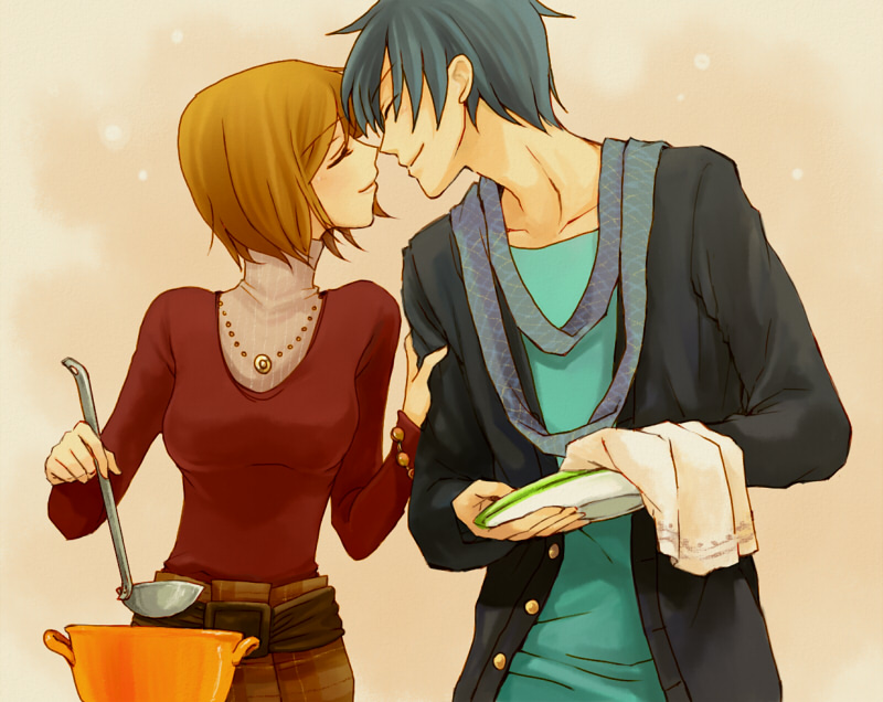 1boy, 1girl, belt, blue_hair, brown_hair, casual, closed_eyes, couple, dishes, hetero, imminent_kiss, jewelry, kaito_(vocaloid), ladle, meiko_(vocaloid), meikousei, necklace, scarf, short_hair, smile, towel, turtleneck, vocaloid