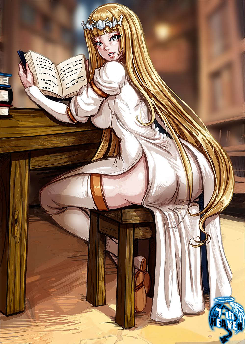 1girl, 7th-heaven, ass, blonde_hair, blunt_bangs, blurry, blurry_background, book