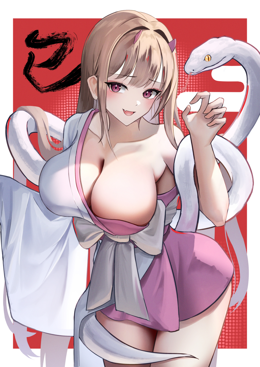 1girl, absurdres, border, breasts, brown_hair, chinese_zodiac, cleavage, collarbone