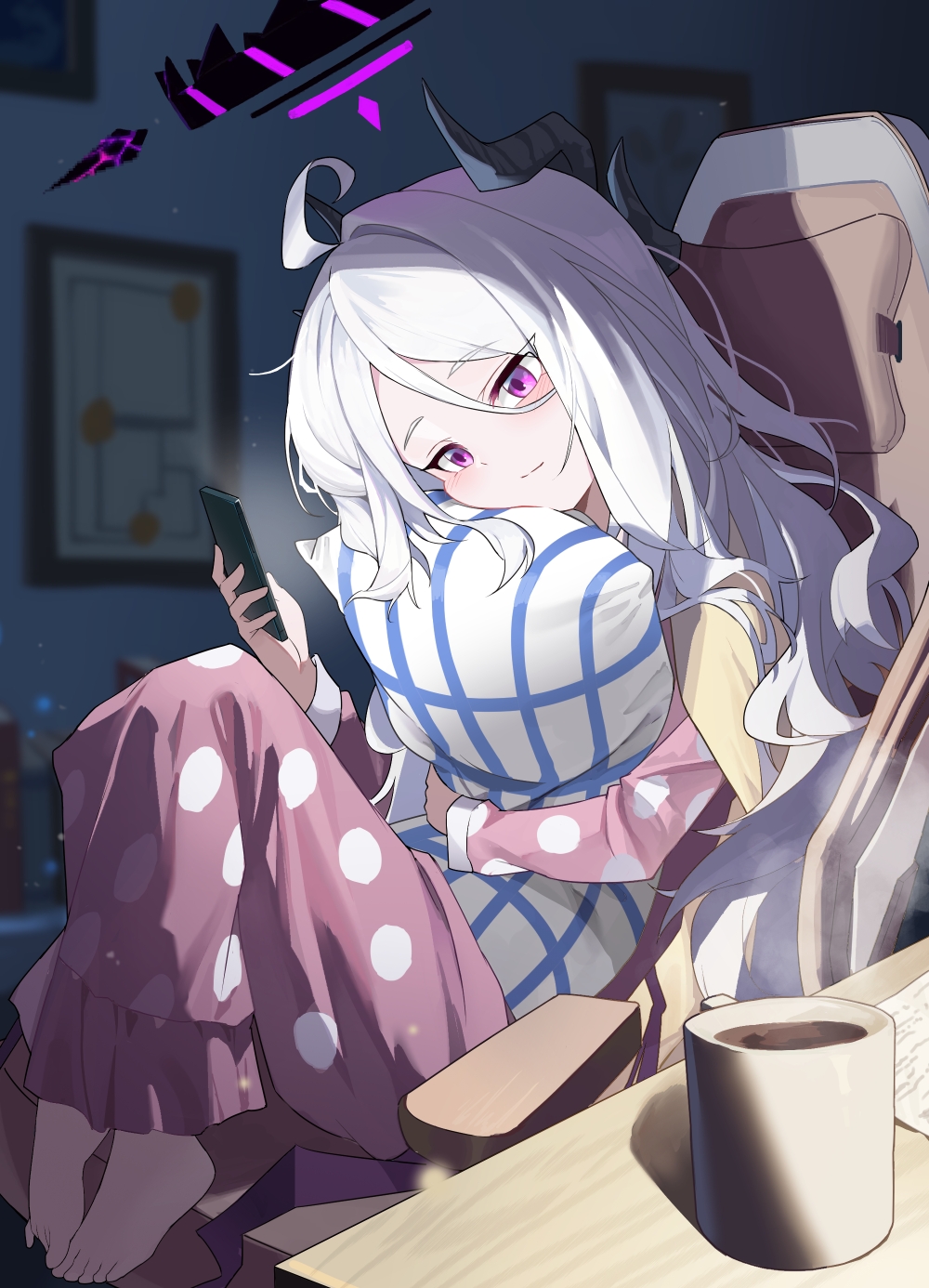 1girl, ahoge, armchair, barefoot, blue_archive, blurry, cellphone, chair