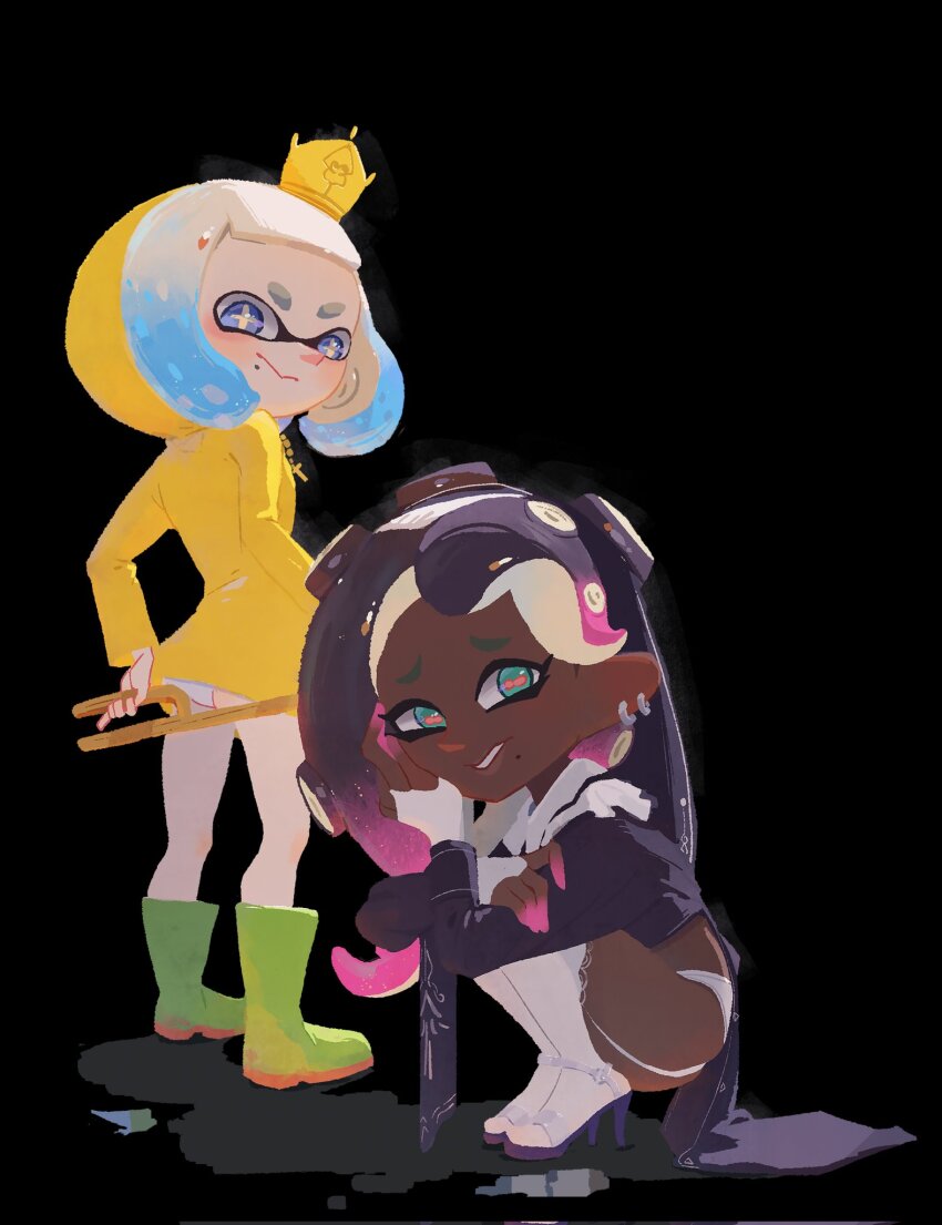 2girls, black_background, black_hair, blue_hair, boots, cephalopod_eyes, closed_mouth, commentary_request