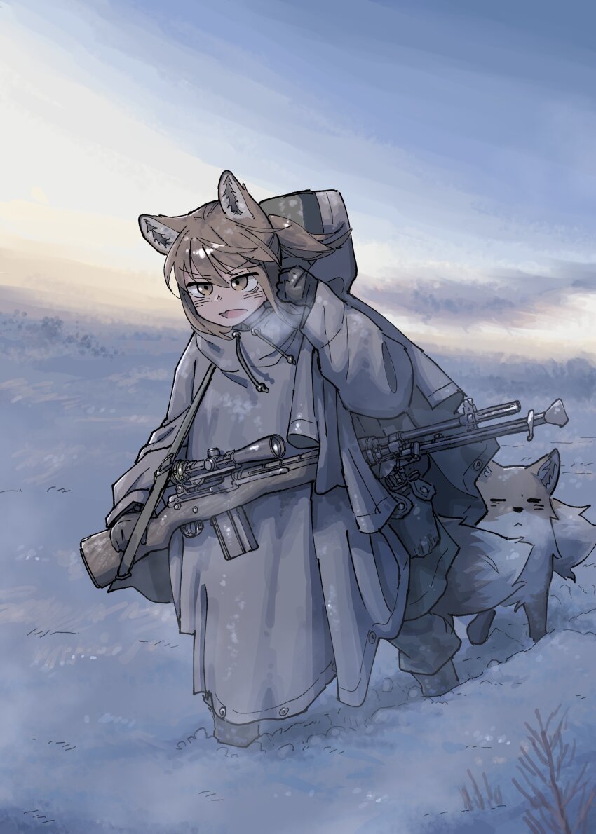 1girl, absurdres, animal_ears, arm_up, battle_rifle, black_gloves, brown_eyes, brown_hair