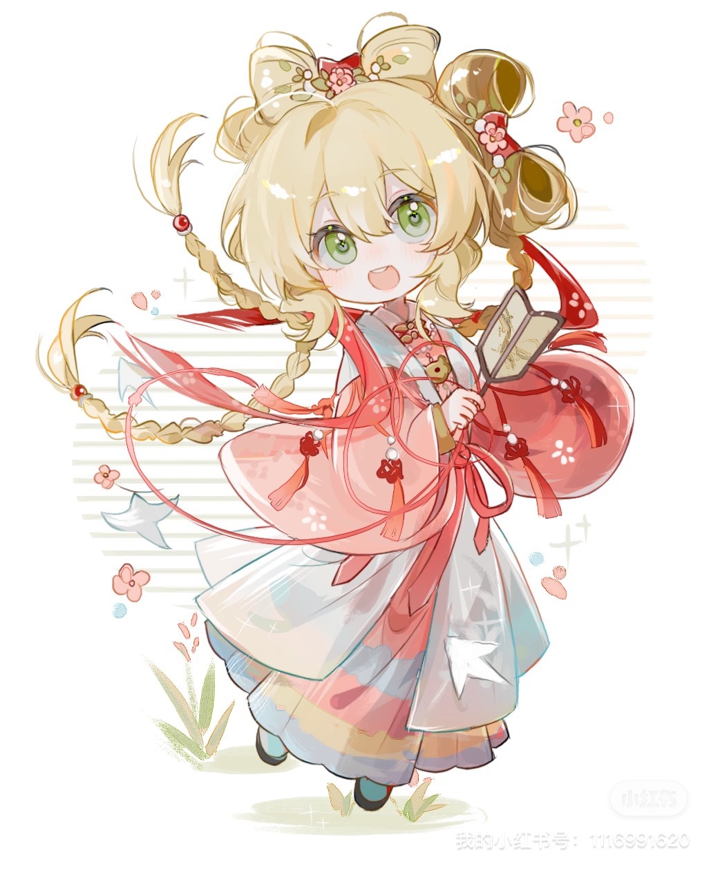 1girl, :o, blonde_hair, braid, chinese_clothes, deformed, floating_hair, flower
