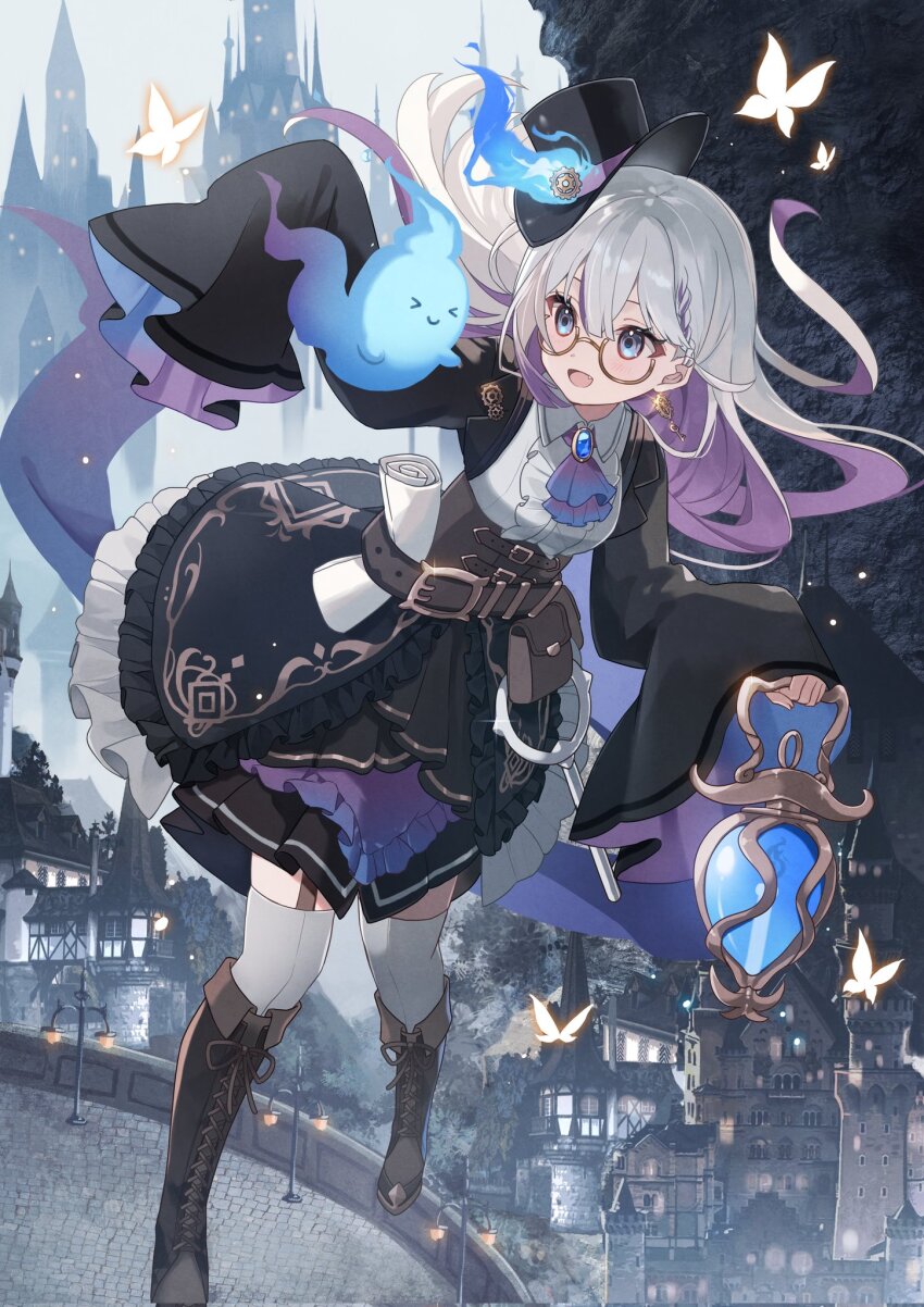 1girl, ascot, belt, belt_pouch, black_hat, black_skirt, blue_eyes, blue_fire