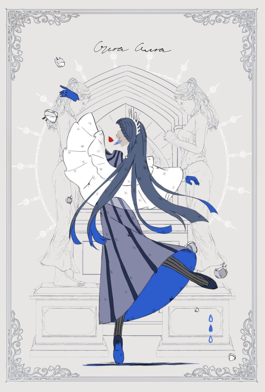 1girl, ado_(utaite), blue_hair, braid, braided_bangs, commentary_request, dress, full_body