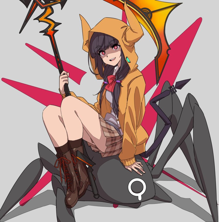 1girl, animal, animal_on_head, asakura_karen_(heaven_burns_red), black_hair, boots, bow, heaven_burns_red