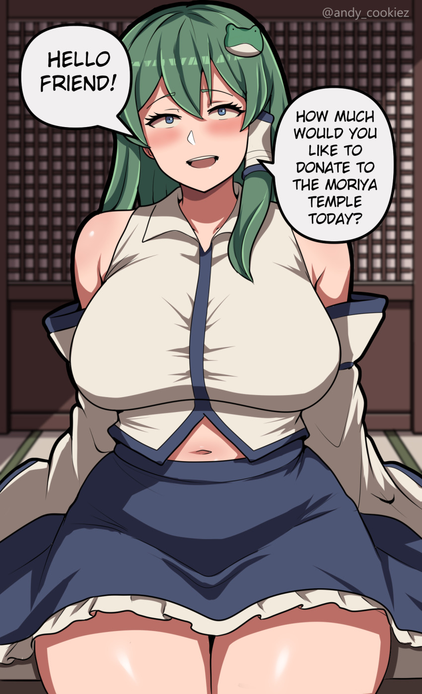 1girl, andycookiez, bare_shoulders, blue_eyes, blue_skirt, blush, breasts, commentary