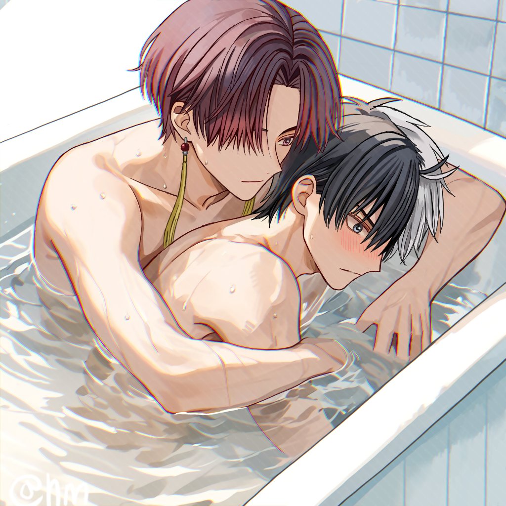 2boys, bath, bathing, bathtub, black_eyes, black_hair, earrings, grey_hair