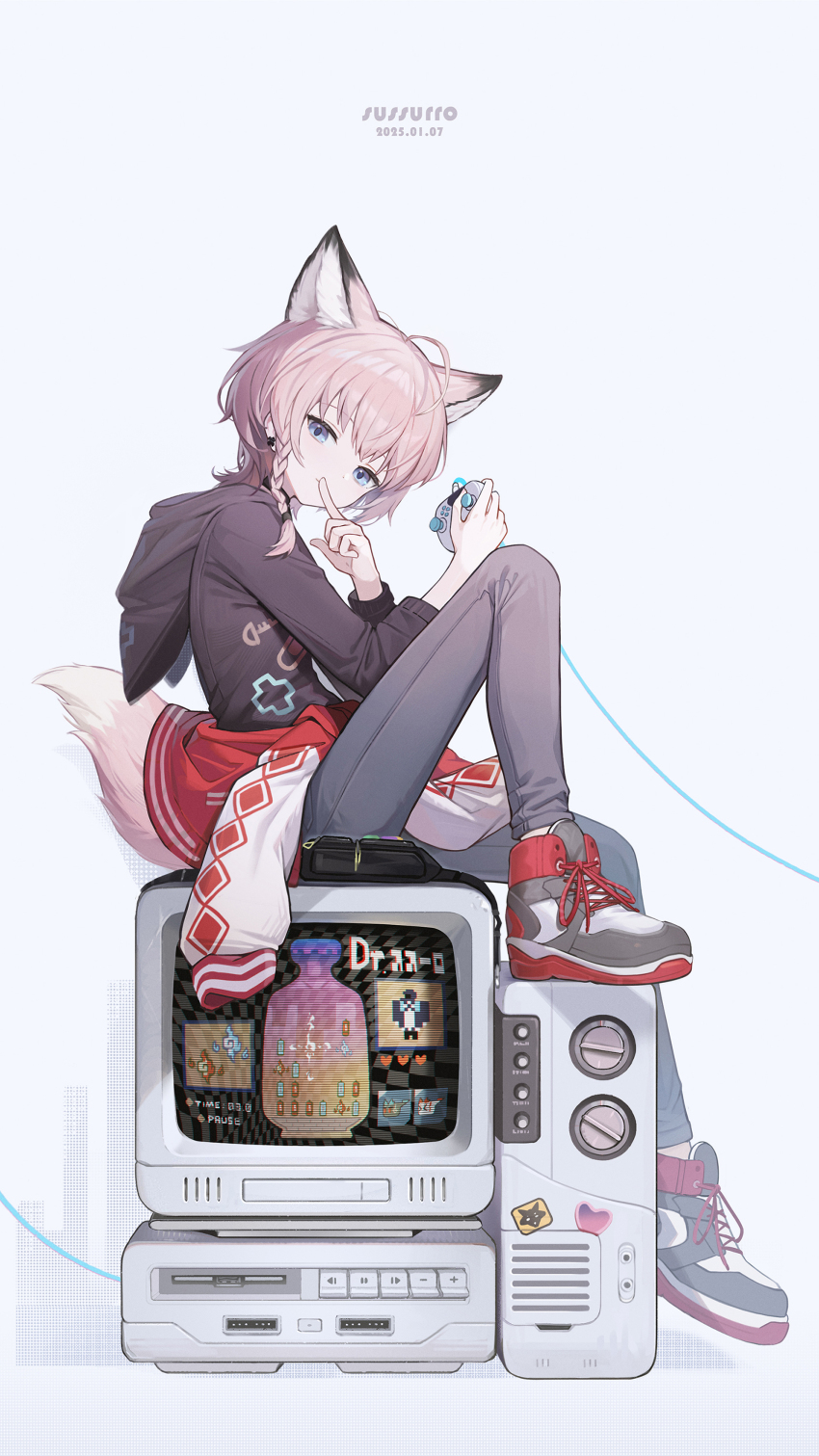 1girl, absurdres, animal_ears, arknights, black_hoodie, black_pants, blue_eyes, braid, character_name, closed_mouth, clothes_around_waist, commentary, controller, crt, dated, doctor_(arknights), dusk_(arknights), ear_piercing, finger_to_mouth, fox_ears, fox_girl, fox_tail, game_controller, highres, holding, holding_controller, holding_game_controller, hood, hood_down, hoodie, jacket, jacket_around_waist, karoro, knee_up, long_sleeves, looking_at_viewer, nian_(arknights), official_alternate_costume, pants, piercing, pink_hair, shoes, short_hair, simple_background, sitting, sneakers, solo, sussurro_(arknights), sussurro_(travel_freely)_(arknights), untranslatable_commentary, tail, white_background