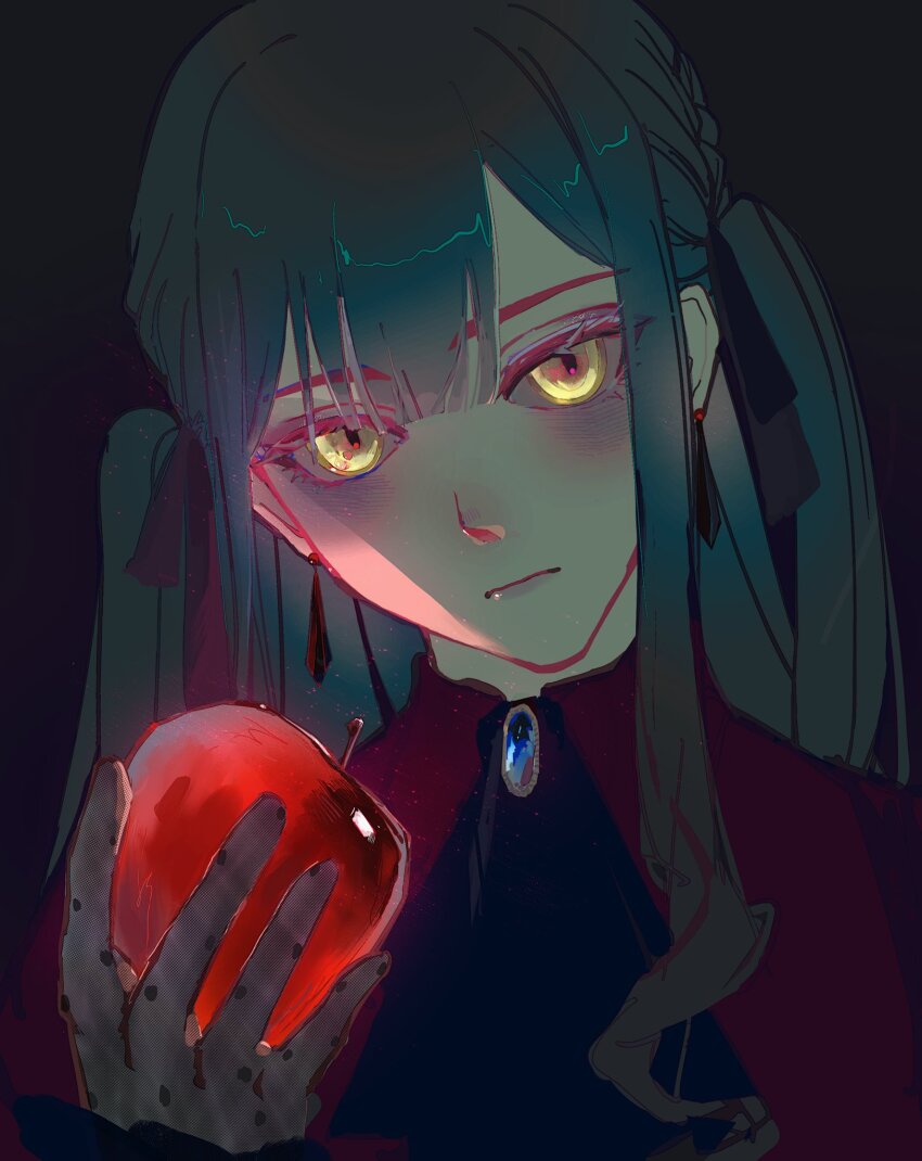 1girl, apple, ascot, bang_dream!, bang_dream!_it's_mygo!!!!!, black_ascot, black_gloves, black_ribbon, blue_hair, blush, braid, closed_mouth, commentary, diee0312, earrings, food, fruit, gloves, hair_ribbon, hashtag-only_commentary, highres, holding, holding_food, holding_fruit, jewelry, looking_at_viewer, oblivionis_(bang_dream!), red_shirt, ribbon, shirt, solo, togawa_sakiko, two_side_up, upper_body, yellow_eyes