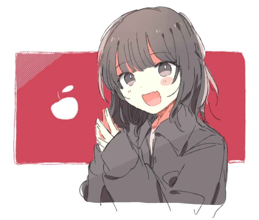 apple, arusechika, brown_eyes, brown_hair, brown_jacket, food, fruit, highres