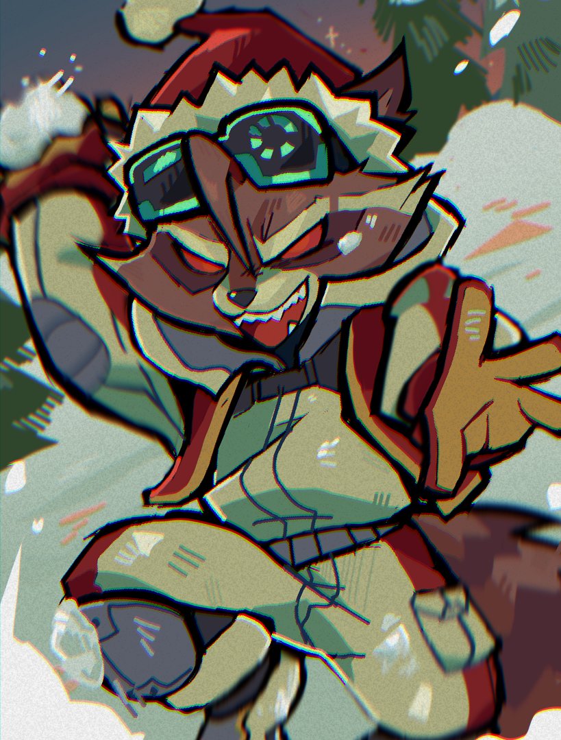 1boy, aiming, aiming_at_viewer, animal_ears, commentary, english_commentary, fangs, furry, furry_male, gloves, goggles, goggles_on_head, hat, jacket, male_focus, marvel, marvel_rivals, mercysstrap, open_mouth, pants, raccoon_boy, raccoon_ears, raccoon_tail, red_eyes, red_gloves, rocket_raccoon, rocket_raccoon_(wild_winter), santa_hat, snowball, snowball_fight, tail, tree, white_jacket, white_pants