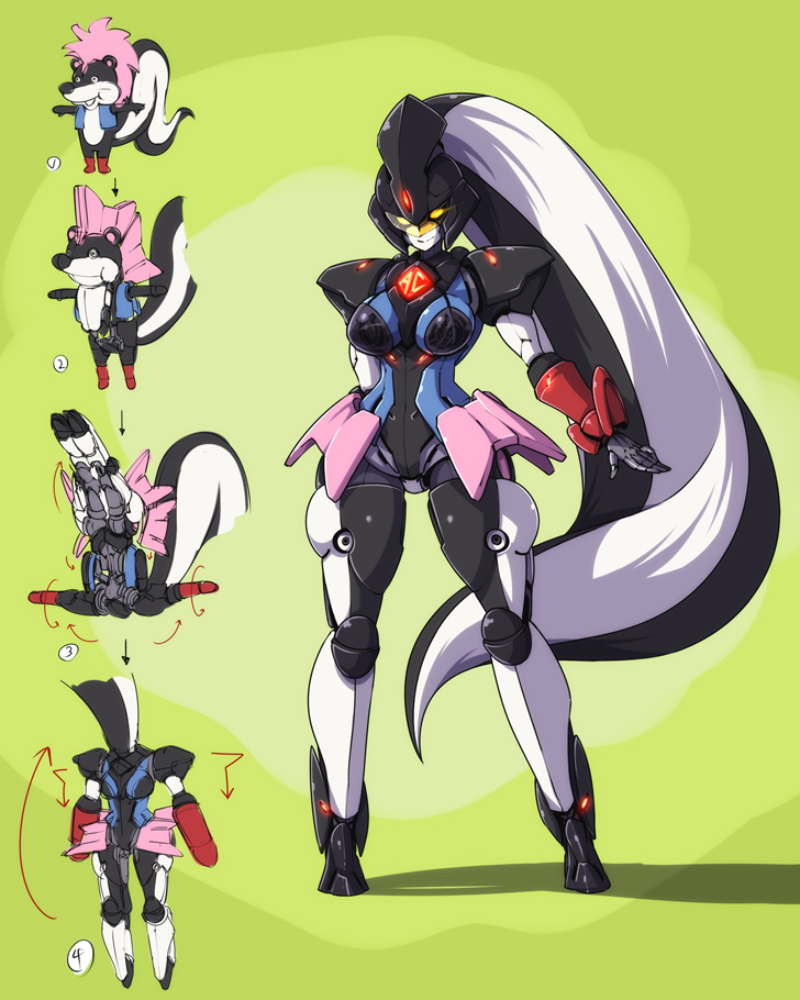 ac_japan, arm_at_side, black_hair, breasts, closed_mouth, full_body, glowing, glowing_eye, gradient_background, helmet, ittekima_skunk, long_hair, mecha, mechanization, medium_breasts, multicolored_hair, multiple_views, nekomamire, no_humans, pink_skirt, robot, showgirl_skirt, skirt, smile, standing, transformation, two-tone_hair, very_long_hair, white_hair, yellow_eyes