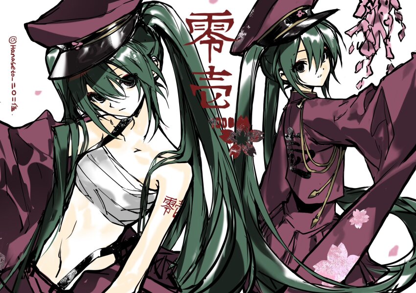 1girl, alternate_eye_color, alternate_hair_color, alternate_tattoo, arm_tattoo, bandaged_chest, black_eyes, breasts