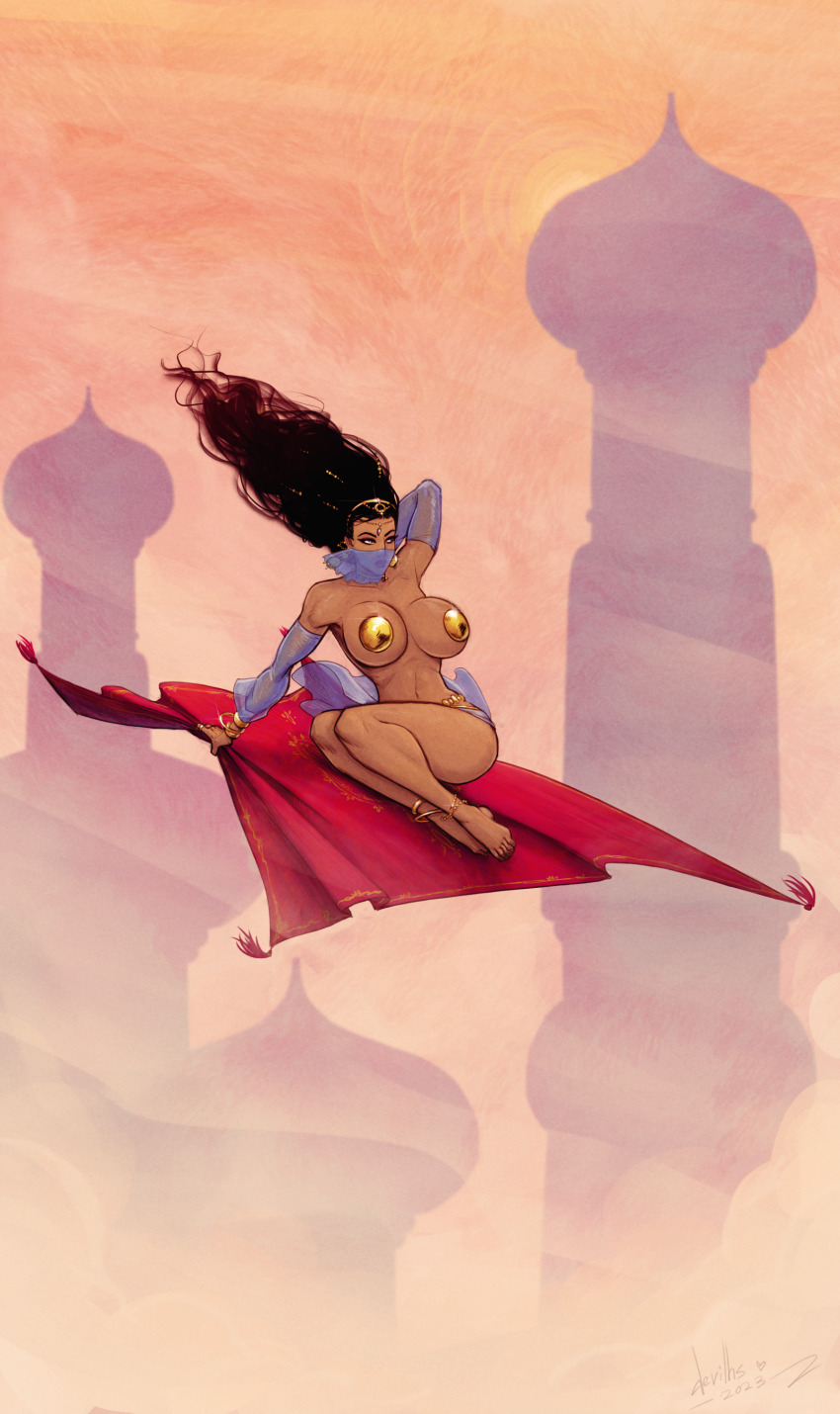 1girl, absurdres, anklet, arabian_clothes, barefoot, black_hair, blue_sleeves, blue_veil