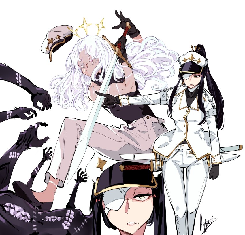 1girl, absurdres, antares_topaz, black_footwear, black_gloves, black_hair, eyepatch, formal_clothes