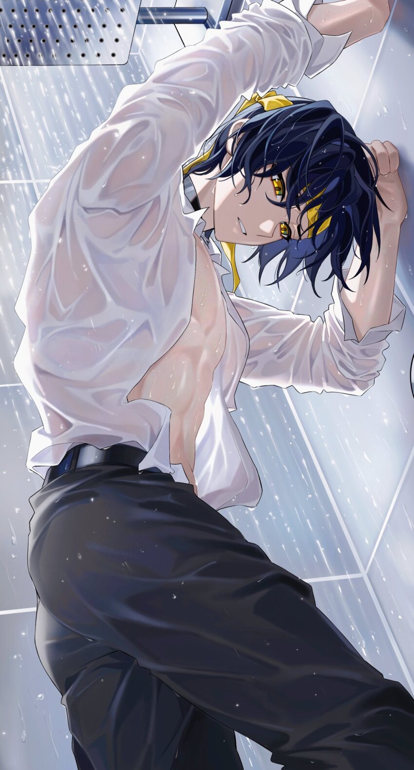 1boy, asaba_harumasa, bathroom, belt, black_belt, black_choker, black_hair, black_pants