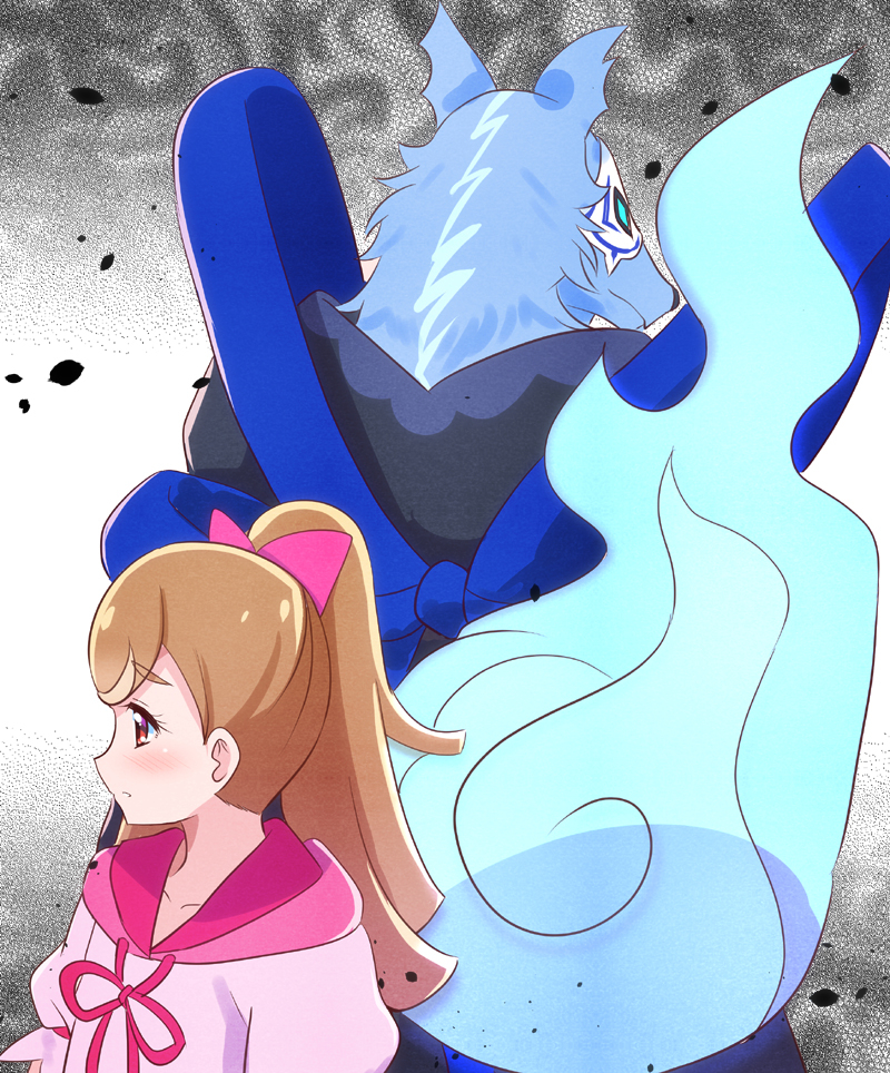 1boy, 1girl, back_bow, black_haori, blue_bow, blush, bow, brown_hair