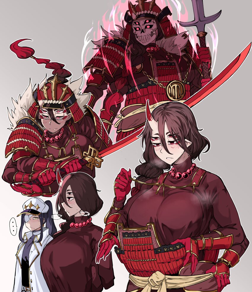 2girls, absurdres, antares_topaz, armor, bead_necklace, beads, braid, breasts, colored_extremities, extra_arms, extra_eyes, eyepatch, eyeshadow, gauntlets, grey_background, hat, helmet, highres, holding, holding_sword, holding_weapon, horns, huge_breasts, japanese_armor, jewelry, kabuto_(helmet), katana, libra_(antares_topaz), makeup, mask, multiple_girls, multiple_views, necklace, oni, original, pauldrons, peaked_cap, polearm, red_eyes, red_eyeshadow, scorpio_(antares_topaz), shoulder_armor, single_horn, skull_mask, spear, star_(symbol), sword, weapon, yari
