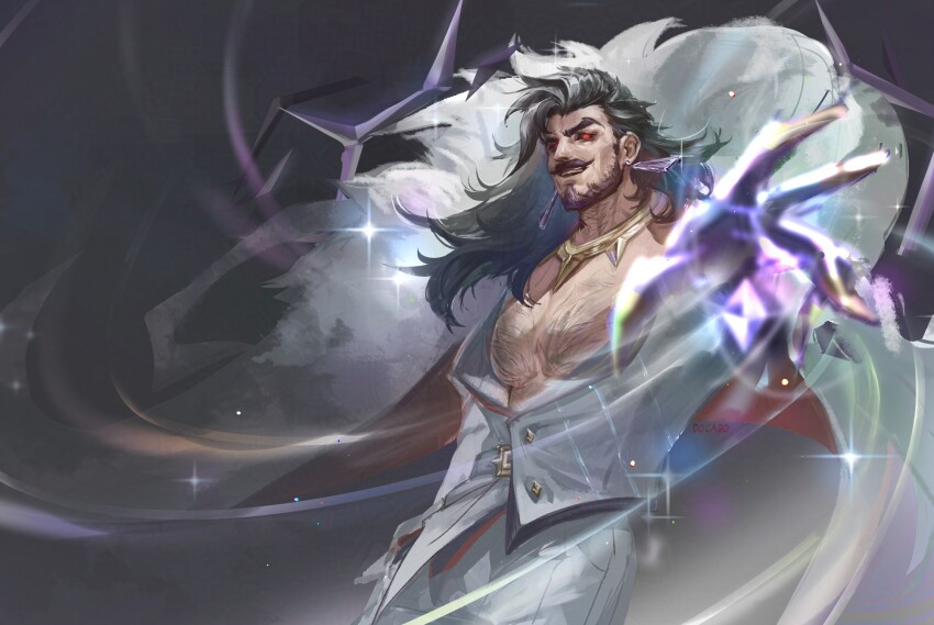 1boy, bara, beard, black_hair, cape, chest_hair, coat, docabo11