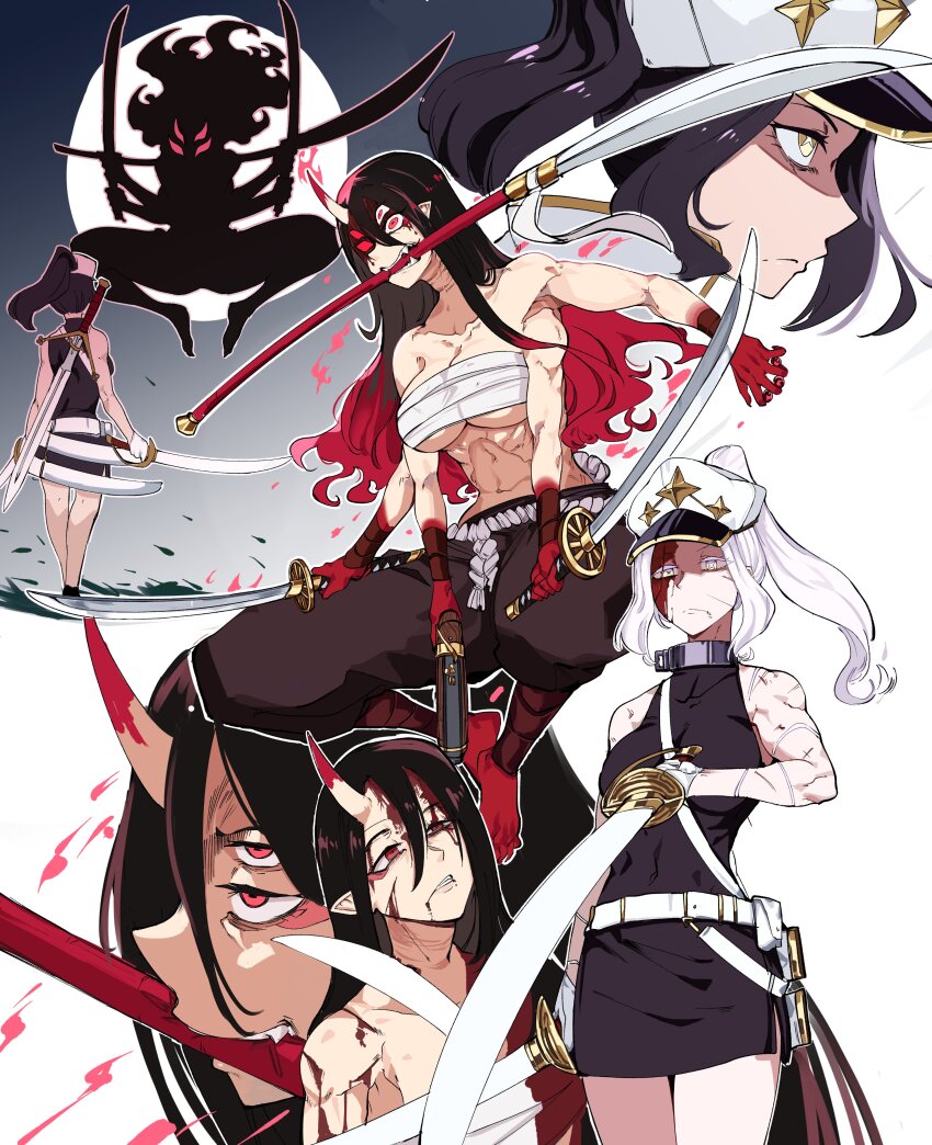 2girls, absurdres, antares_topaz, battle, belt, black_hair, black_skirt, blood